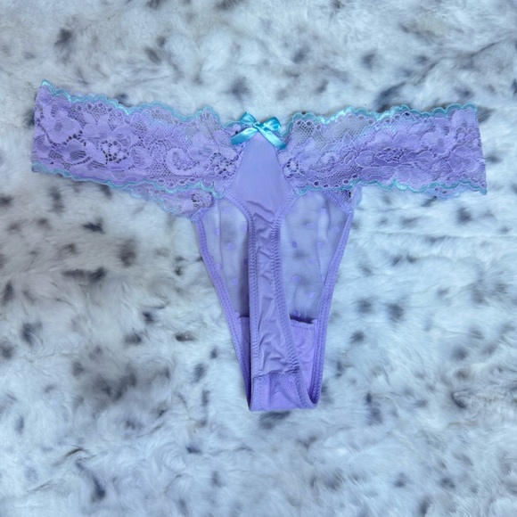 Victoria secret thong panties purple polka dot mesh light baby blue ribbon bow - Picture 2 of 8